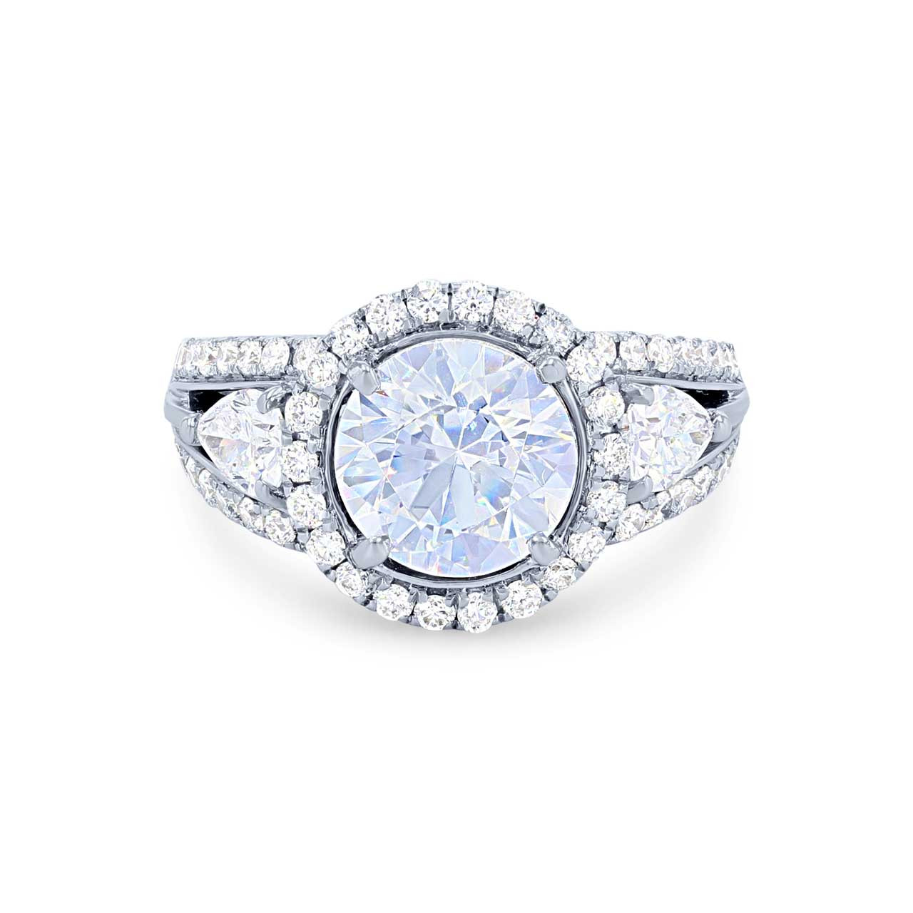 Simon G. Three Stone Pear and Round Diamond Halo Engagement Setting 0