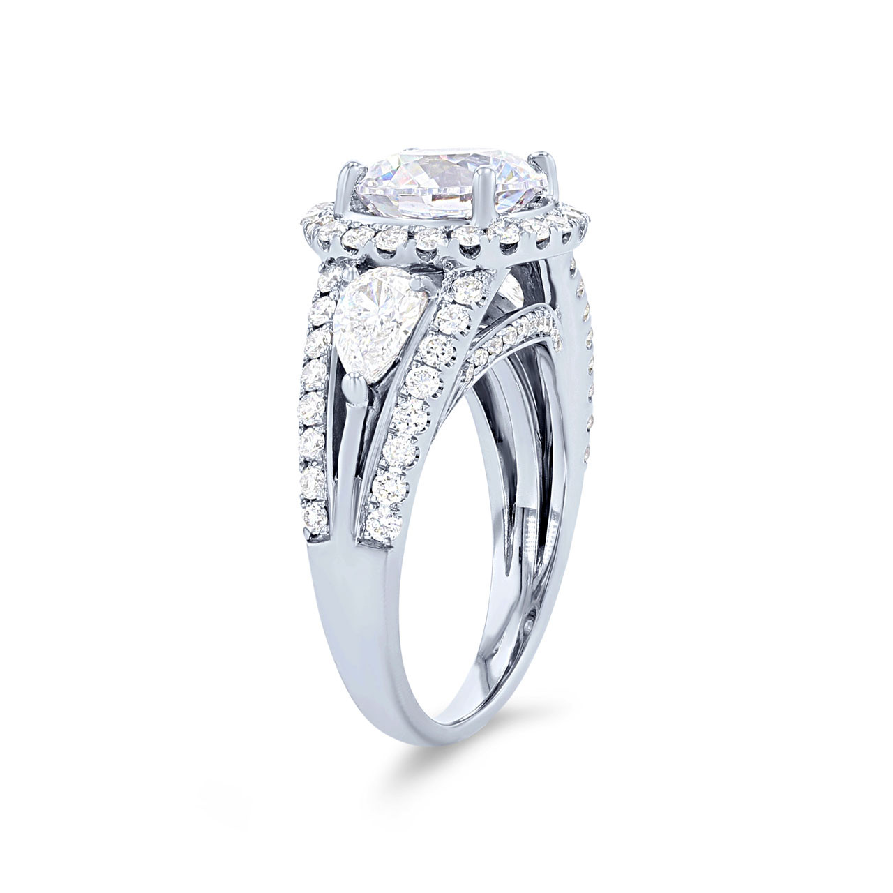 Simon G. Three Stone Pear and Round Diamond Halo Engagement Setting 2