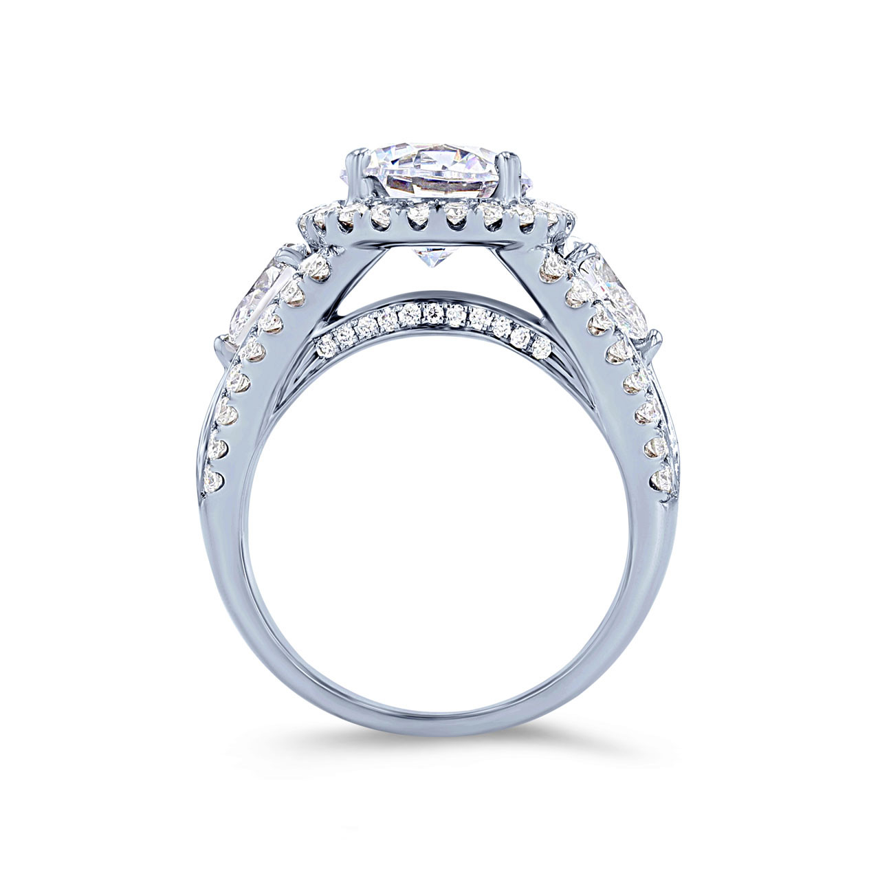 Simon G. Three Stone Pear and Round Diamond Halo Engagement Setting 1