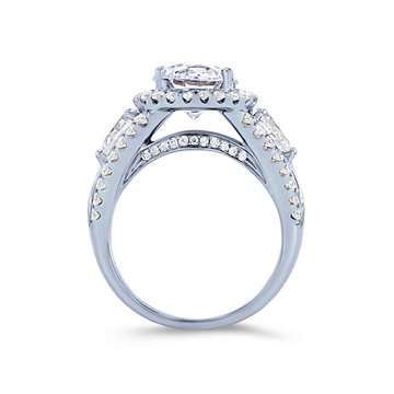 Simon G. Three Stone Pear and Round Diamond Halo Engagement Setting In White Gold 18K