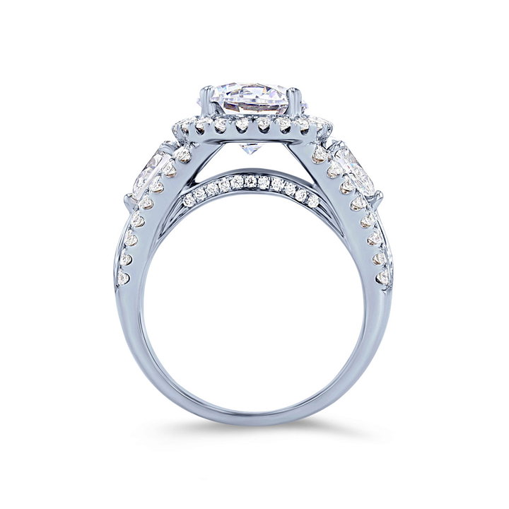 Simon G. Three Stone Pear and Round Diamond Halo Engagement Setting In White Gold 18K