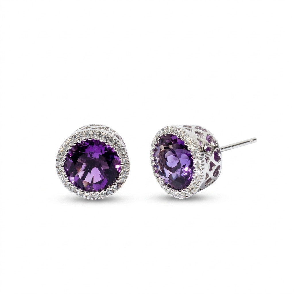 Amethyst Diamond Halo Stud Earrings
