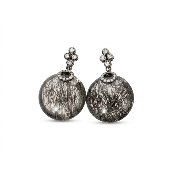 Rutilated Quartz Diamond Drop Earrings In Solid 18K White Gold