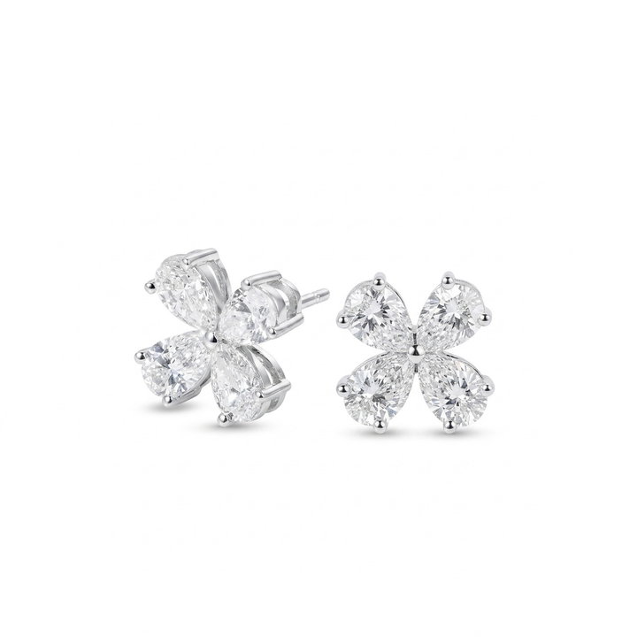 Diamond Flower Stud Earrings In Solid 18K White Gold