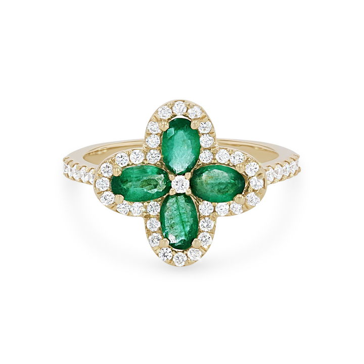 White Gold 14K Emerald and Diamond Clover Ring