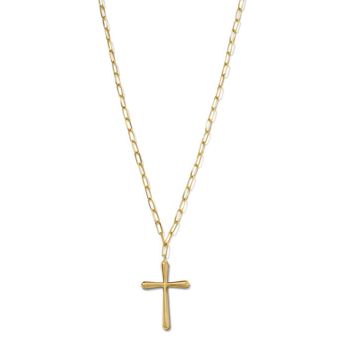 Gold Paperclip Chain Cross Pendant Necklace In Solid 14K Yellow Gold