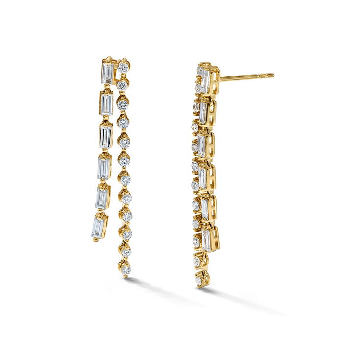 Two Row Mixed Diamond Drop Earrings In Solid 14K Yellow Gold