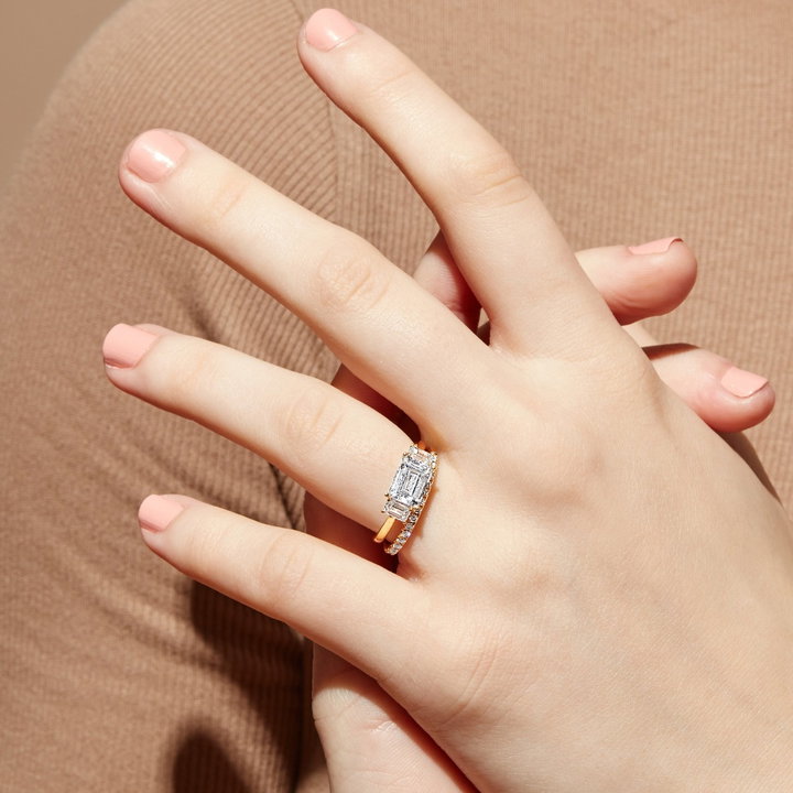 Modern Three Stone Emerald Diamond Engagement Setting In Rose Gold 14K