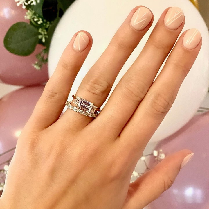 Modern Three Stone Emerald Diamond Engagement Setting In Rose Gold 14K