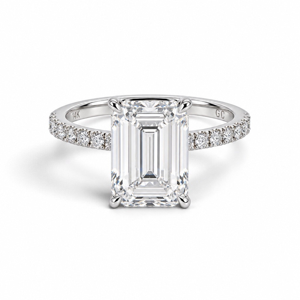 Emerald Cut Lab Grown Diamond Hidden Halo Engagement Ring (4.24ct)