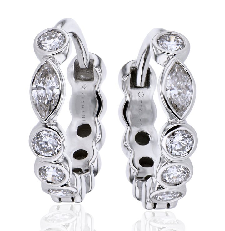 Mixed Shape Bezel Diamond Hoop Earrings In Solid 14K White Gold
