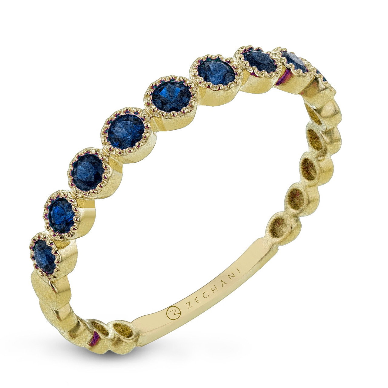 Blue Sapphire Gold Milgrain Band