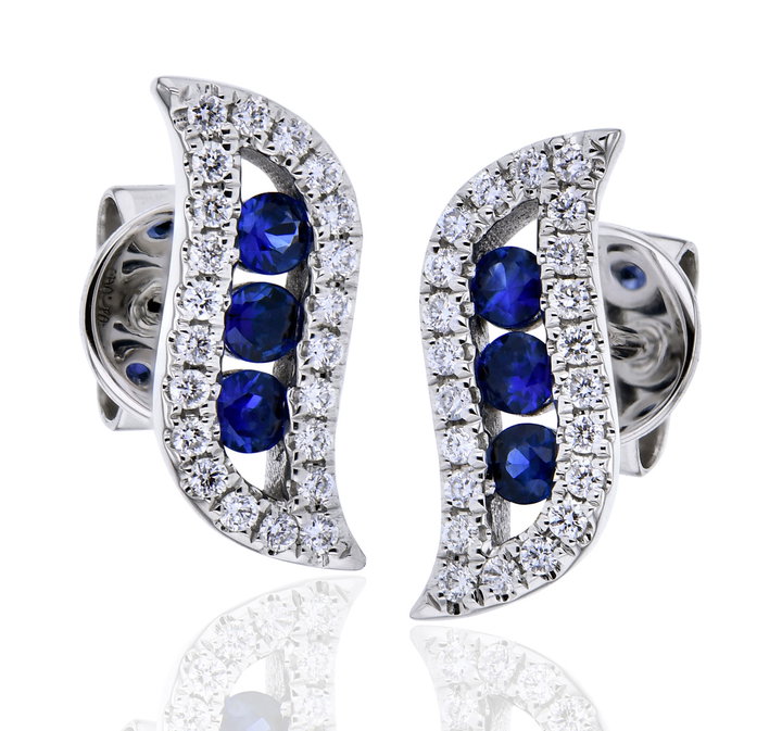 Blue Sapphire & Diamond Sculpted Stud Earrings In Solid 14K White Gold