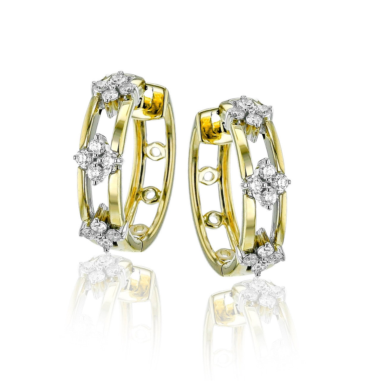 Diamond Floral Two Tone Open Hoop Earrings