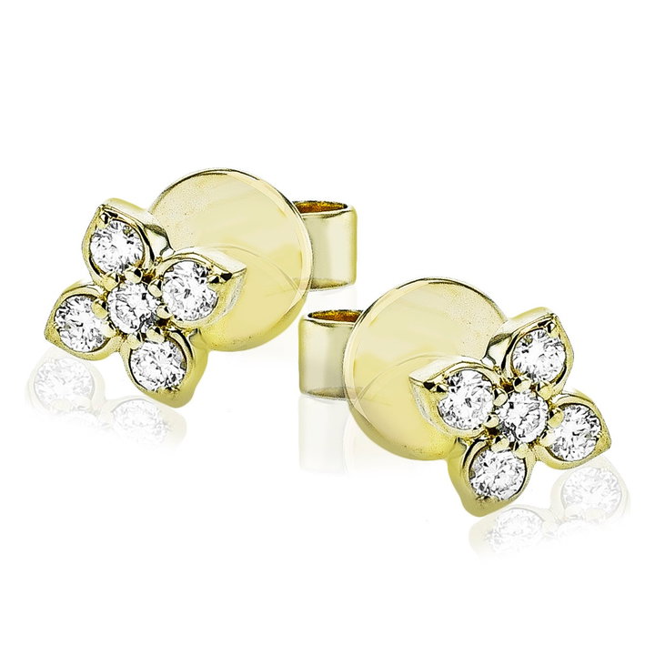 Floral Diamond Stud Earrings In Solid 14K Yellow Gold