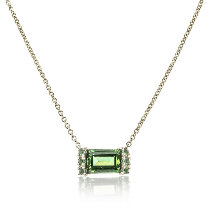 Emerald Cut Peridot Necklace In Solid 14K Yellow Gold