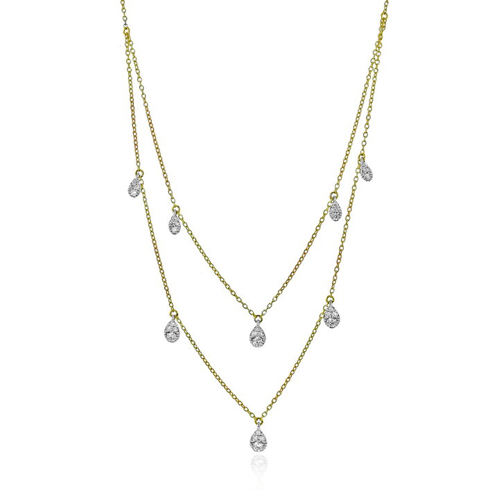 Diamond Pear Shaped Layered Necklace In Solid 14K White / Yellow Gold