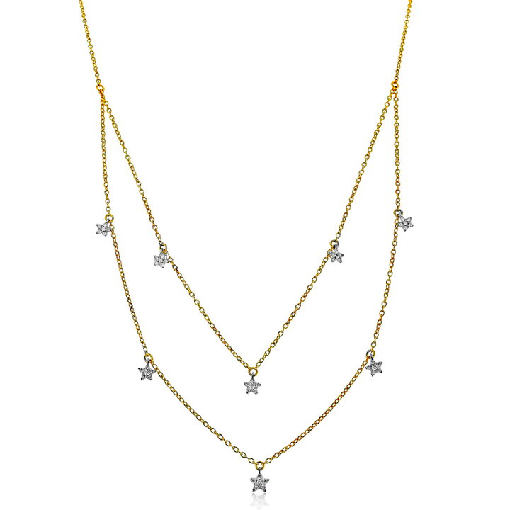 Layered Diamond Star Necklace In Solid 14K White / Yellow Gold