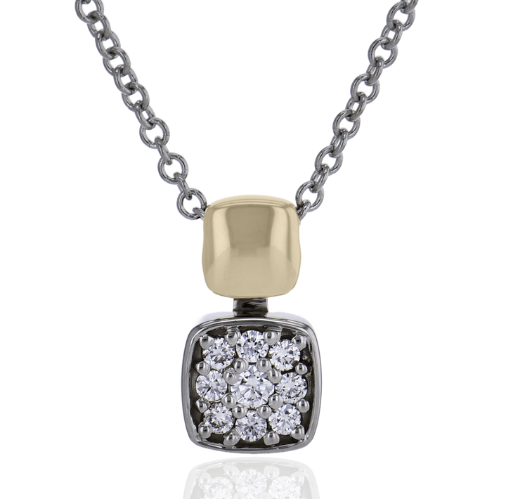 Diamond Two Tone Square Pendant Necklace In Solid 14K White / Yellow Gold