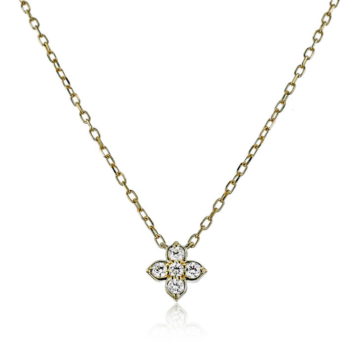 Diamond Flower Pendant Necklace In Solid 14K Yellow Gold