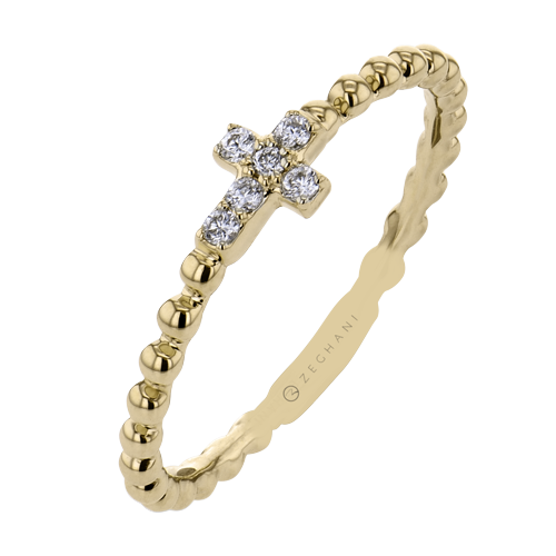 Diamond Cross Gold Beaded Ring In Solid 14K Yellow Gold