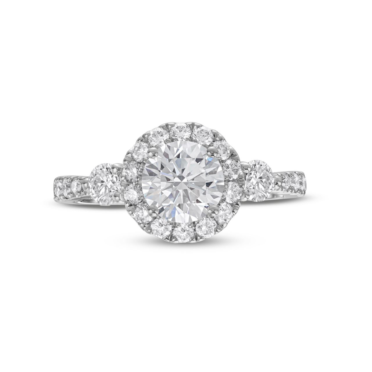 Three Stone Round Diamond Center Halo Engagement Setting by Adorette
