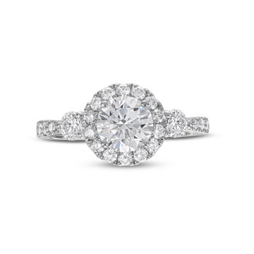 Three Stone Round Diamond Center Halo Engagement Setting by Adorette In White Gold 14K