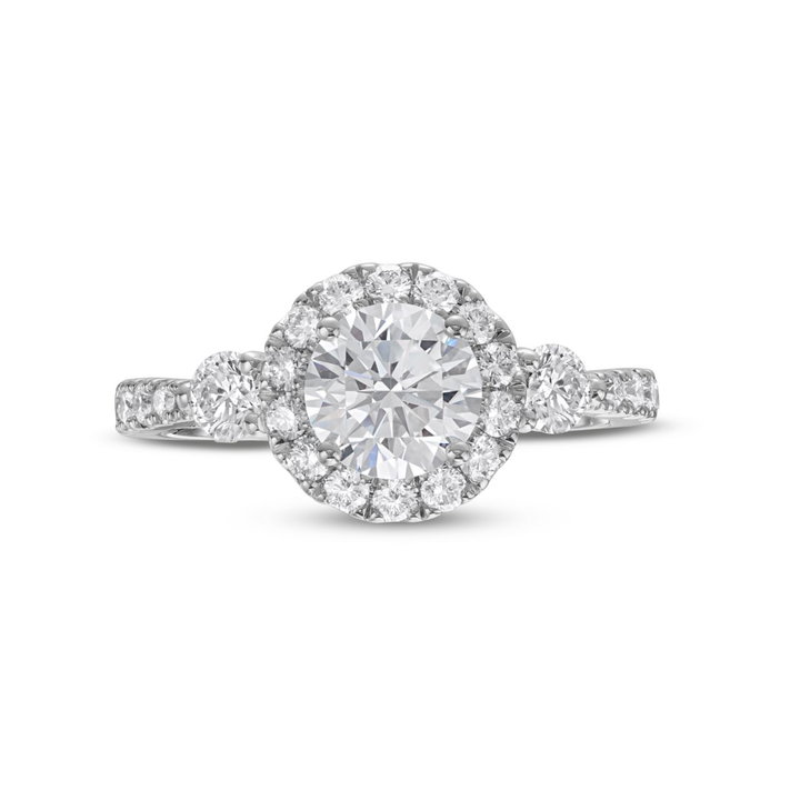 Three Stone Round Diamond Center Halo Engagement Setting by Adorette In White Gold 14K