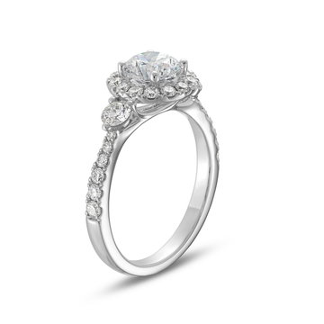Three Stone Round Diamond Center Halo Engagement Setting by Adorette In White Gold 14K