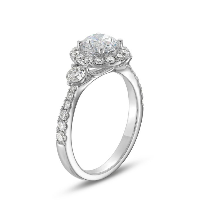 Three Stone Round Diamond Center Halo Engagement Setting by Adorette In White Gold 14K