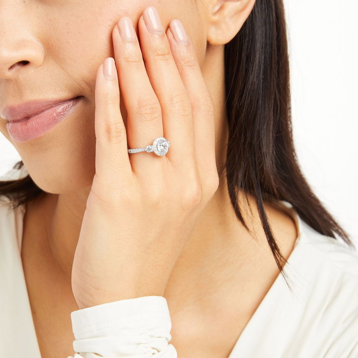 Three Stone Round Diamond Center Halo Engagement Setting by Adorette In White Gold 14K