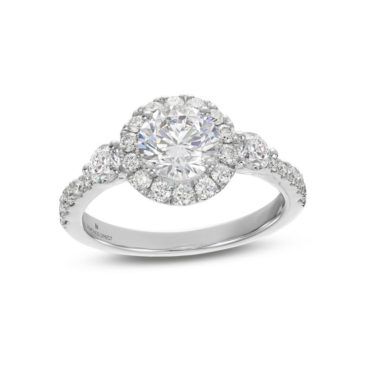 White Gold 14K Three Stone Round Diamond Center Halo Engagement Setting by Diamonds Direct Designs