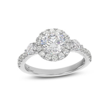 Three Stone Round Diamond Center Halo Engagement Setting by Adorette In White Gold 14K