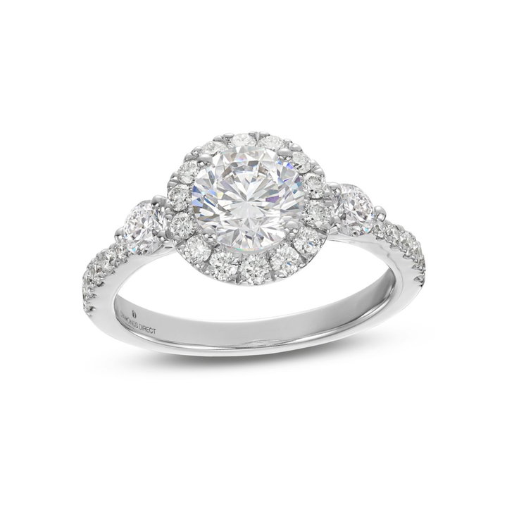 Three Stone Round Diamond Center Halo Engagement Setting by Adorette In White Gold 14K