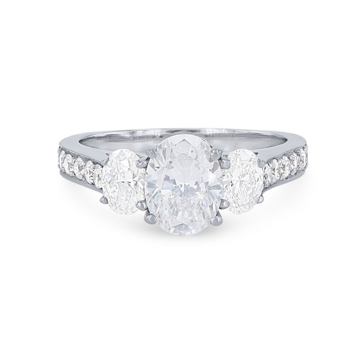 White Gold 14K Three Stone Oval Diamond Beadset Engagement Setting