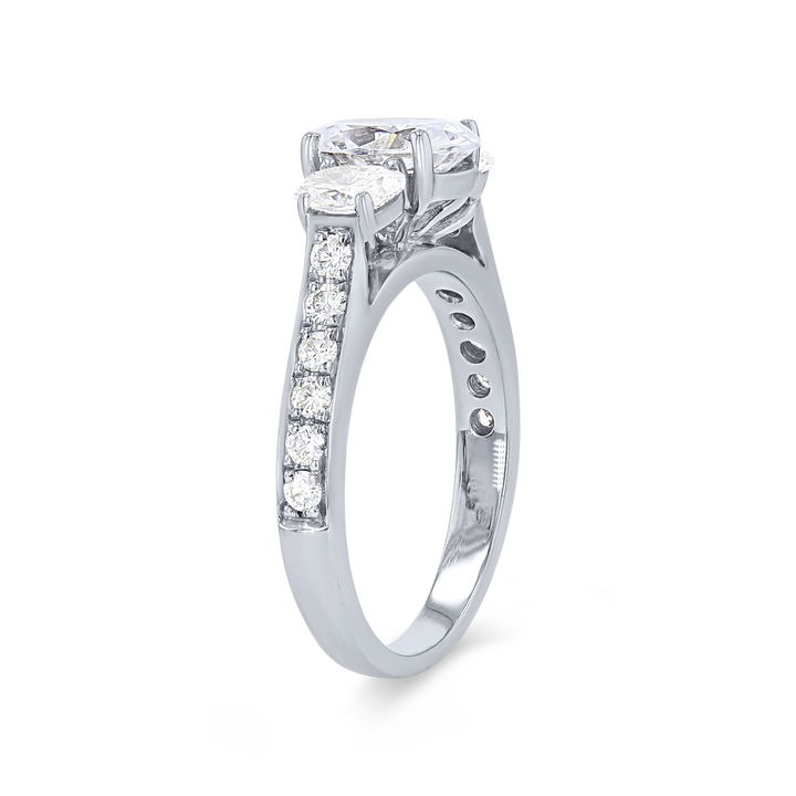 White Gold 14K Three Stone Oval Diamond Beadset Engagement Setting