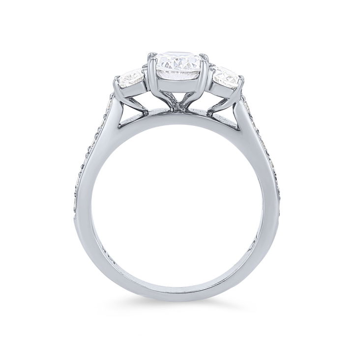 White Gold 14K Three Stone Oval Diamond Beadset Engagement Setting