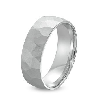 Matte Hammered 7mm Wedding Band In White Gold 14K