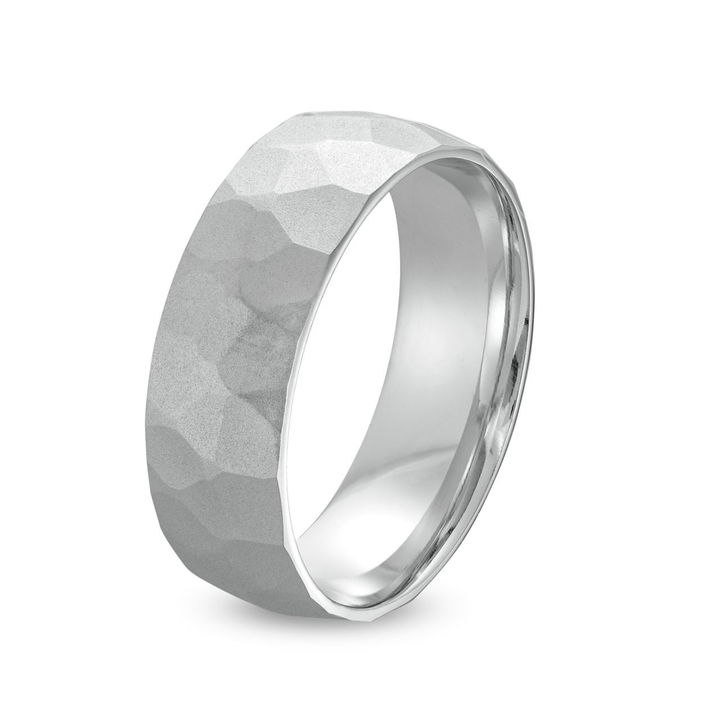 Matte Hammered 7mm Wedding Band In White Gold 14K