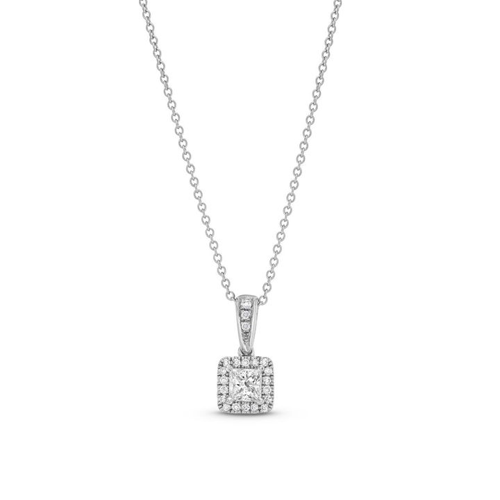 White Gold 14K Princess Diamond Halo Pendant Necklace