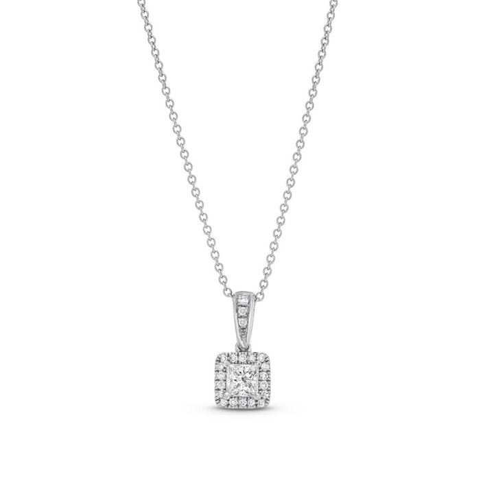 Princess Diamond Halo Pendant Necklace In White Gold 14K