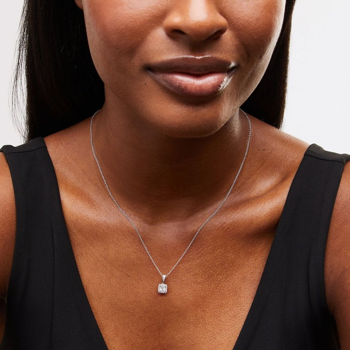 Princess Diamond Halo Pendant Necklace In White Gold 14K