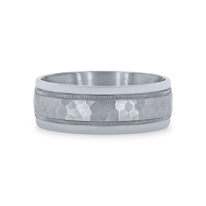Hammered Milgrain 8mm Wedding Band In White Gold 14K