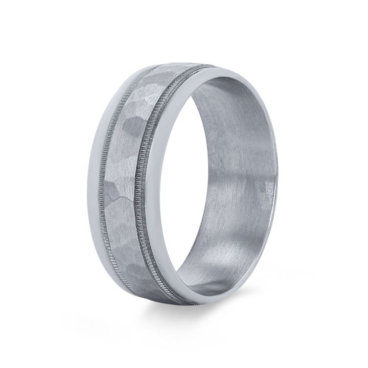 Hammered Milgrain 8mm Wedding Band In White Gold 14K