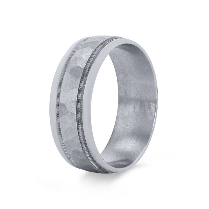 Hammered Milgrain 8mm Wedding Band In White Gold 14K