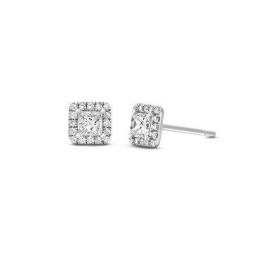 Halo Princess Diamond Stud Earrings In White Gold 14K