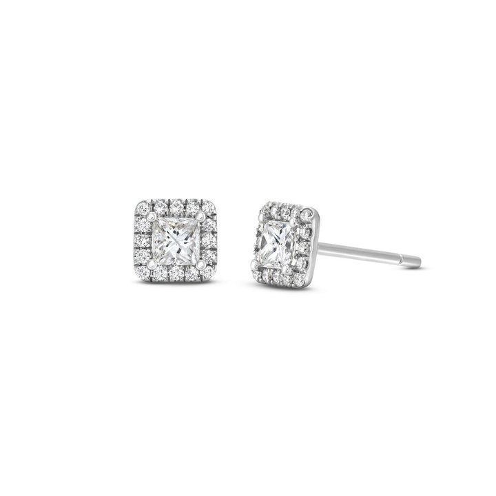 Halo Princess Diamond Stud Earrings In White Gold 14K