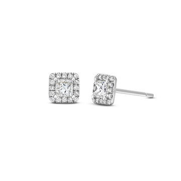 Halo Princess Diamond Stud Earrings In White Gold 14K