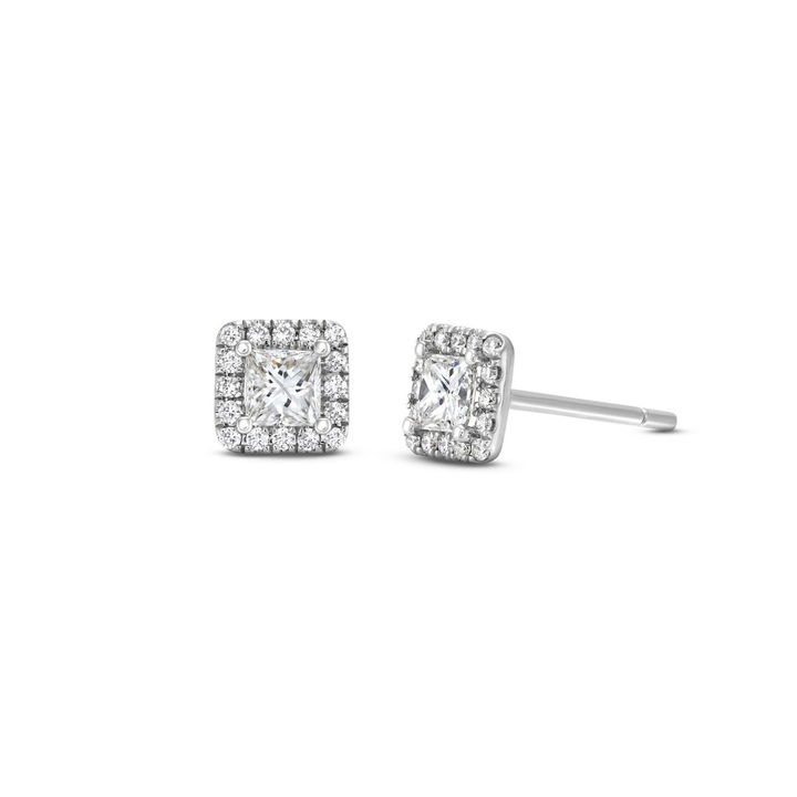 Halo Princess Diamond Stud Earrings In White Gold 14K