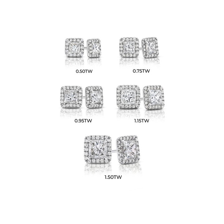 Halo Princess Diamond Stud Earrings In White Gold 14K